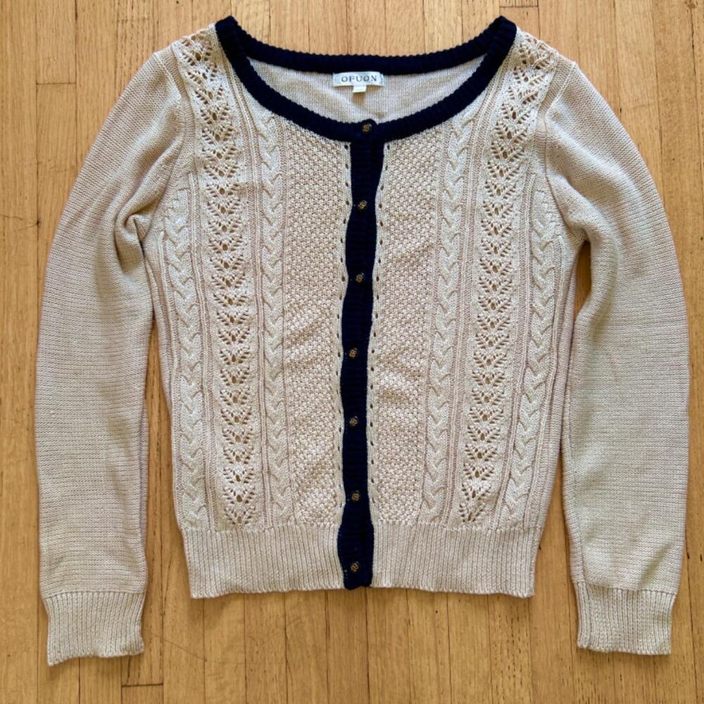 Preppy Cable Knit Cardigan Sweater Women's S Cream & Black by Ofuon
